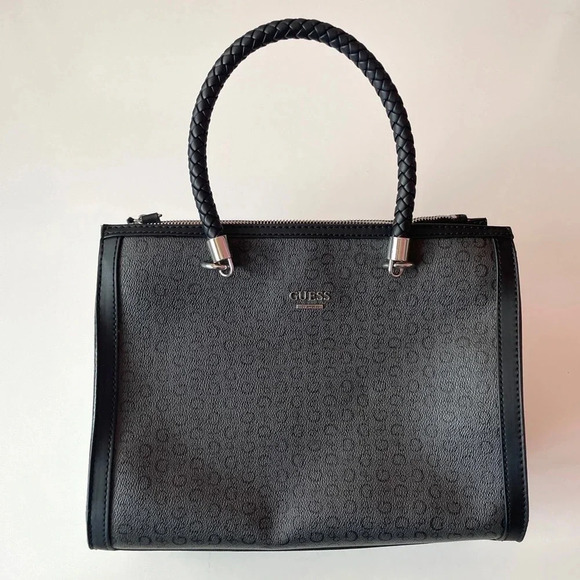 GUESS Monogram Logo Black Braided Handle Handbag Bag Satchel Purse - Picture 2 of 16